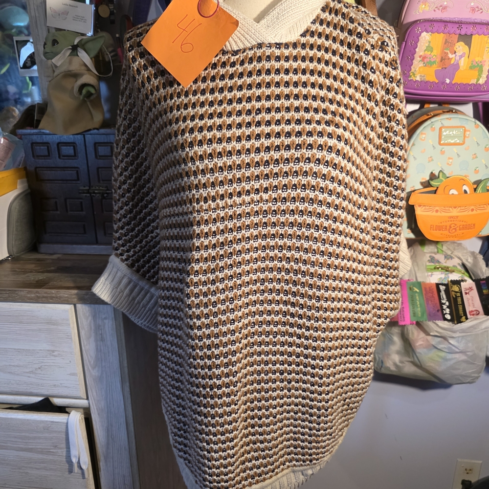 Talbots Wool Blend Chunky Textured Knit Button Side Cowl Neck Poncho Sweater M